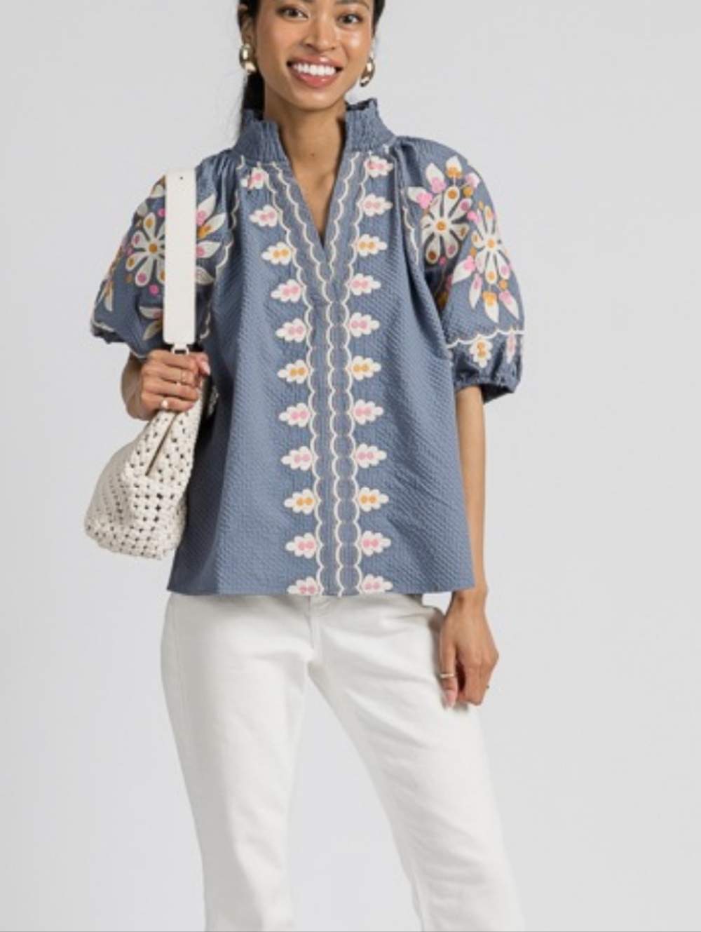 Blue Embroidered Puff-Sleeve Top - Picture 10 of 12